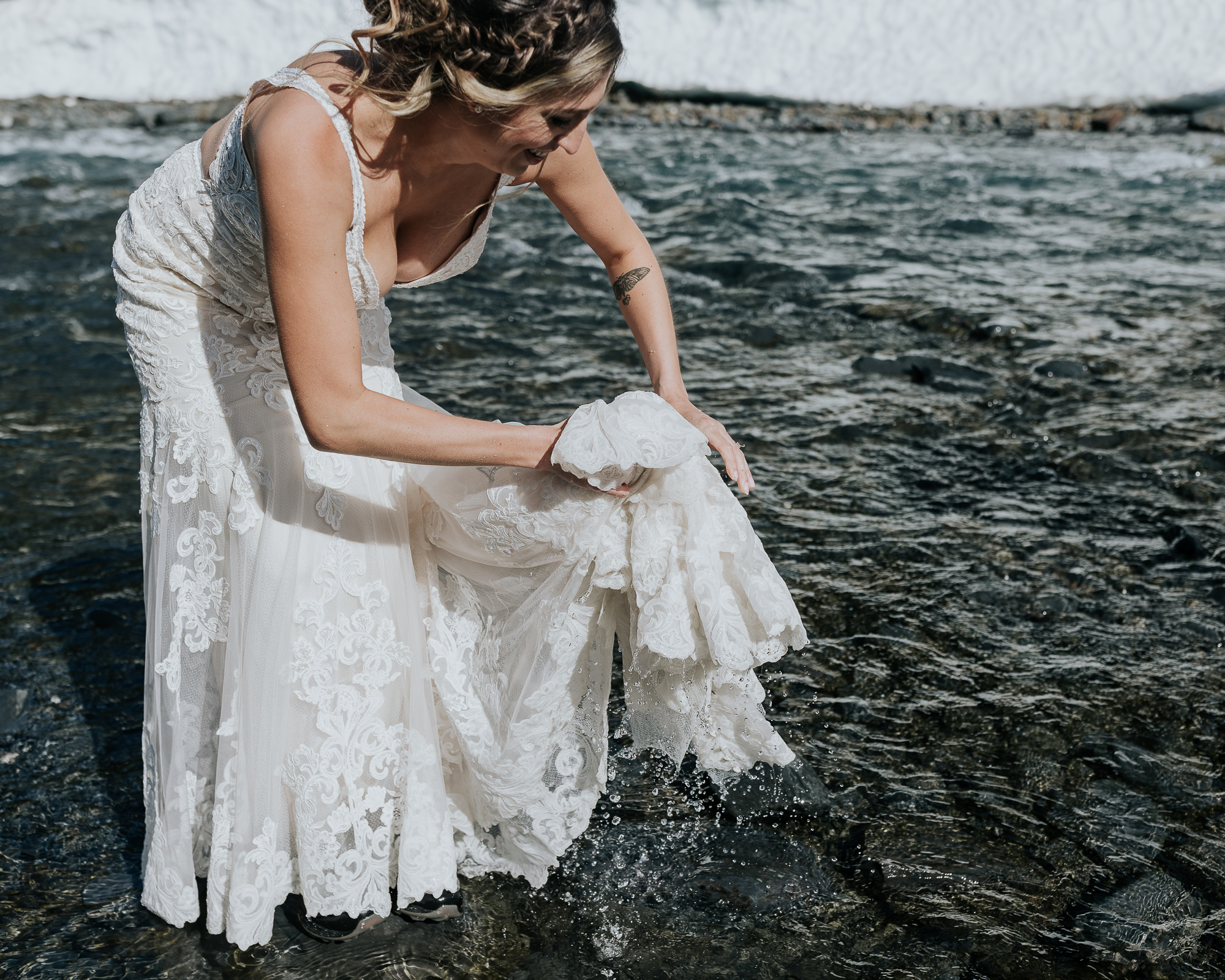 alaska elopement bride glacier water 